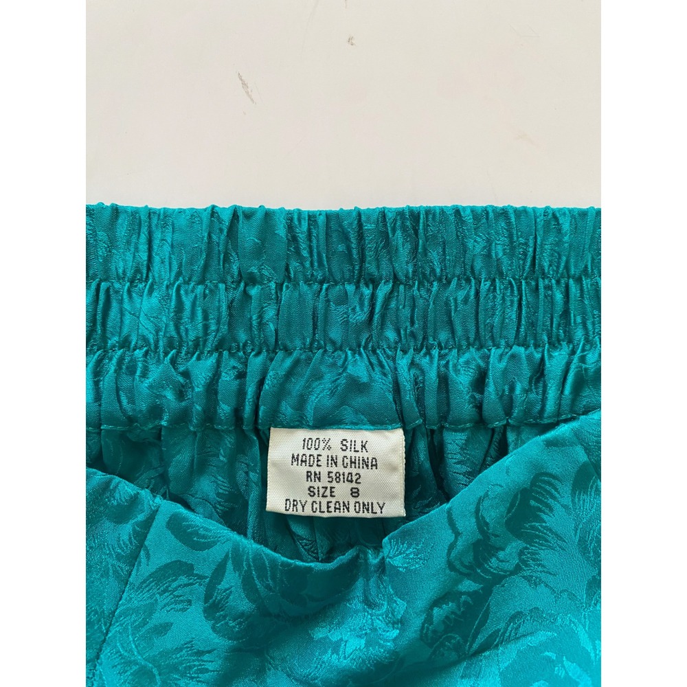 Vintage Teal Green 100% Silk Floral Jacquard Pleated Midi Skirt Womens Size 8 - Picture 4 of 6